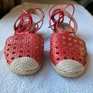 Arezzo ( Brazilian) coral Leather Fretwork Espadrilles w/ Jute Wedge